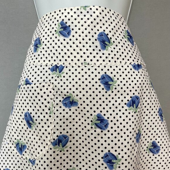 Vintage Half Apron Blue Roses Polka Dot Floral Tie Back Pocket Hostess Retro - Picture 3 of 8